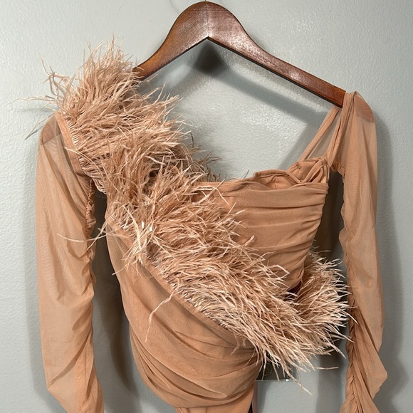 House of CB Faith Blush Feather Corset Bodysuit Off Shoulder Mesh Top size XS - Picture 6 of 15